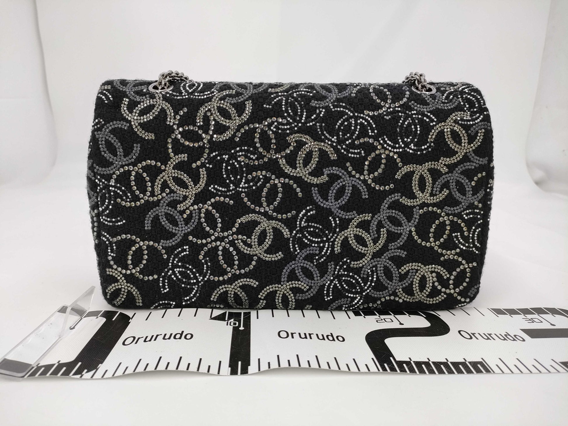 CHANEL Double Flap Chain 25 Fabric x Rhinestone Black 13th Shoulder Bag