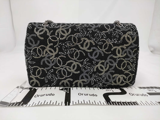 CHANEL Double Flap Chain 25 Fabric x Rhinestone Black 13th Shoulder Bag