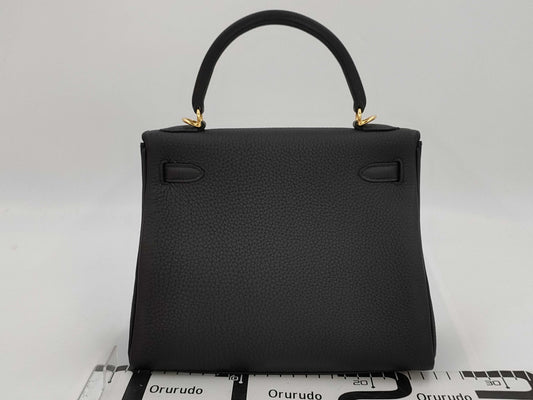 HERMES Kelly 25 Togo Black GP W Engraved Handbag