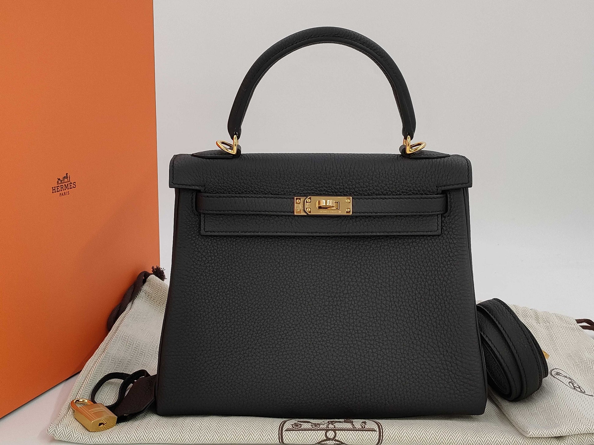HERMES Kelly 25 Togo Black GP W Engraved Handbag