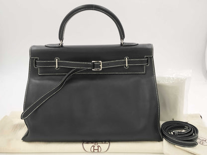 HERMES Kelly Flat 35 Vo-Swift Black SS □L Engraved Tote