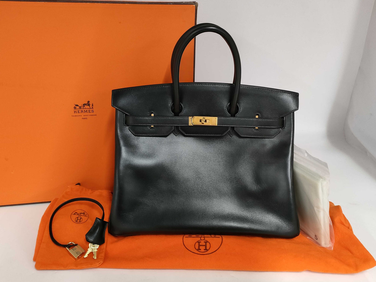 HERMES Birkin 35 Box Calf Black GP □F Engraved Topo