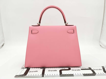 HERMES Kelly 28 Vo Epson Rose Confetti SS Silver Fittings T-Engraved Tote