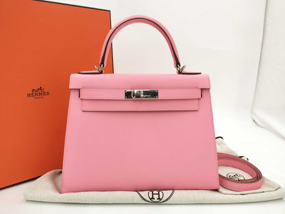 HERMES Kelly 28 Vo Epson Rose Confetti SS Silver Fittings T-Engraved Tote