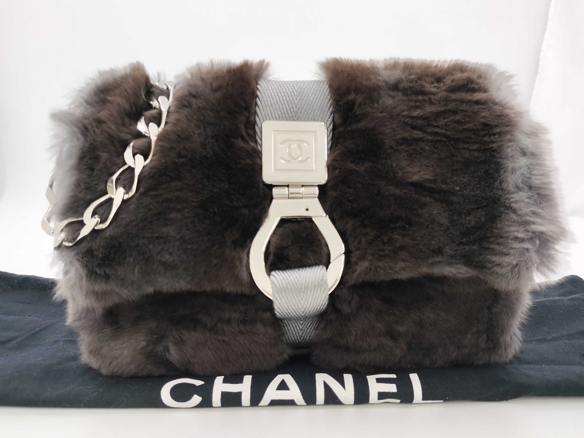 CHANEL Sportline Chain Shoulder Fur Nylon Grey SS Shoulder Bag