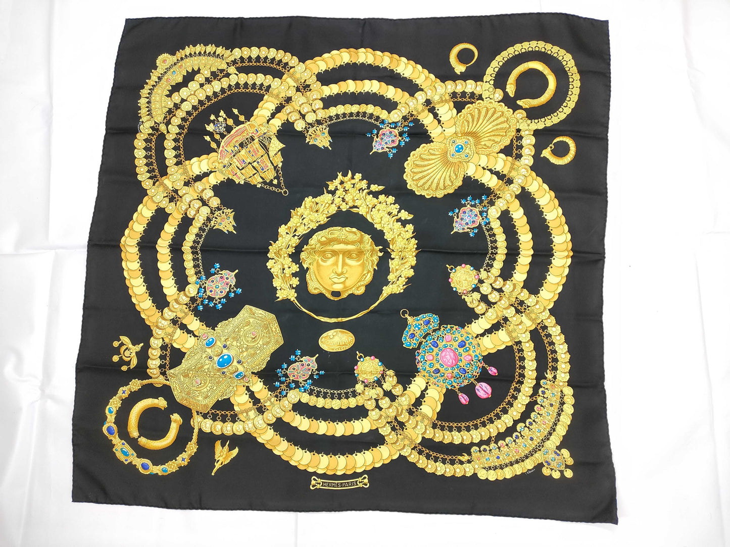 HERMES Carres HERMES Curry 90 Silk Scarf KOSMINA Space Black Scarf