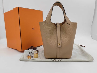 HERMES Picotan Lock 18 PM Chai Gold Hardware B-Engraved Pouch