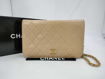 CHANEL Matlasse Lambskin Pushlock Full Flap Chain Beige Shoulder Bag