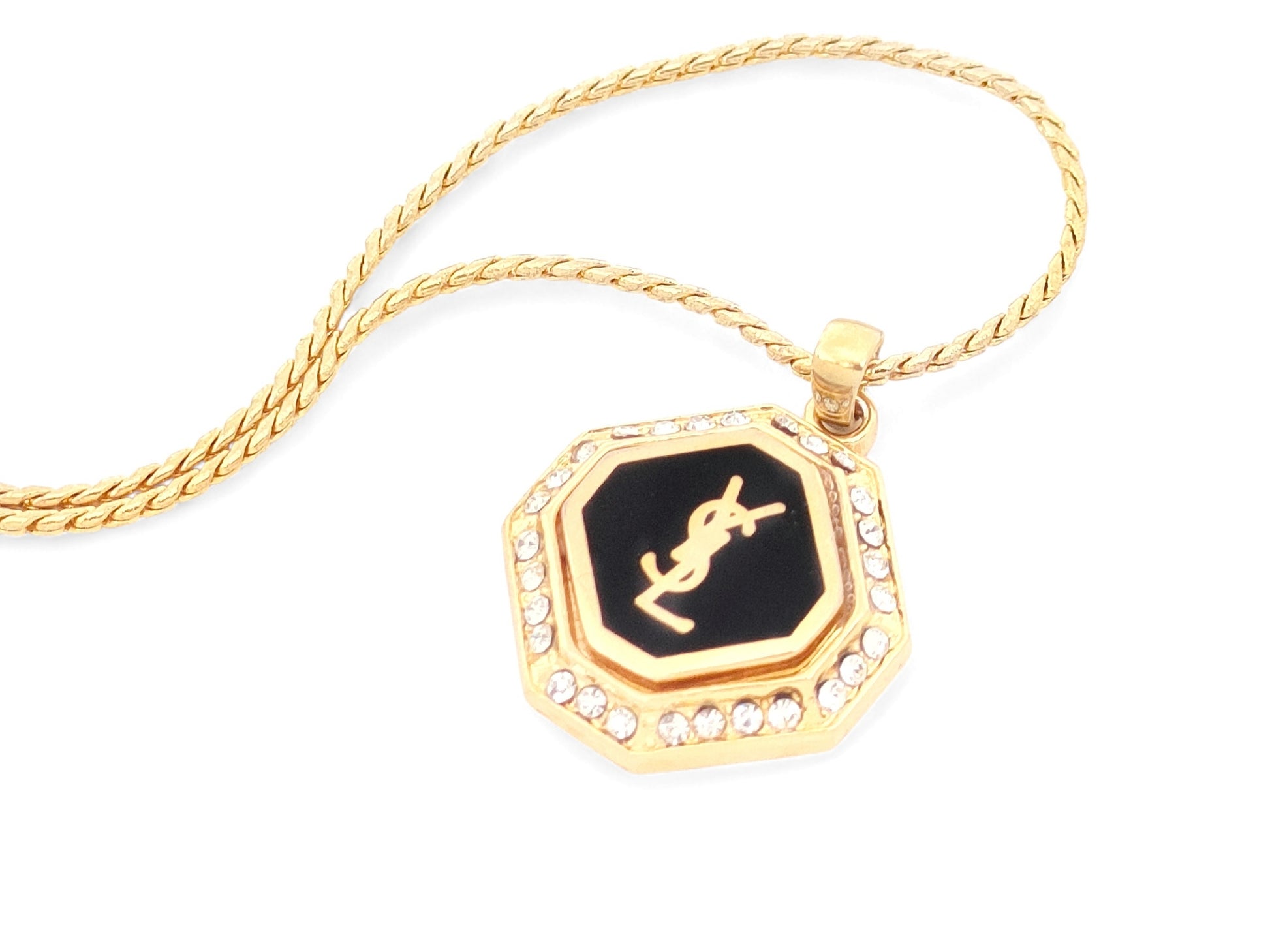Yves Saint Laurent Yves Saint Laurent - Gold & Black Color - Rhinestone - Logo Design, Pendant - Necklace - 7.25g Necklace