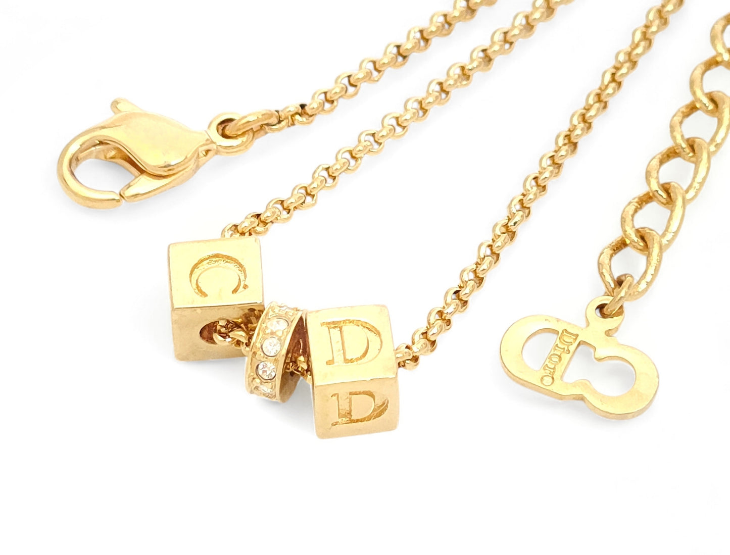 Dior Dior, Gold Color, Cube Logo & Rhinestones, Pendant, Necklace, 6.1g Necklace