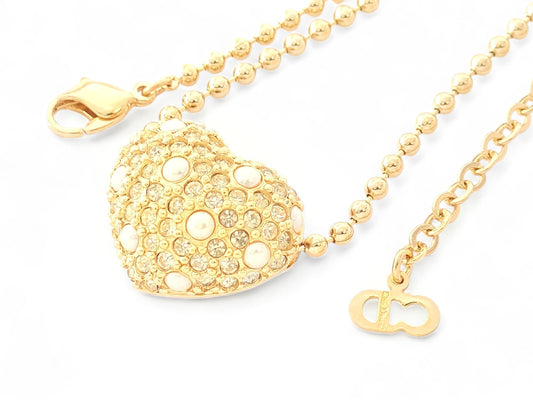 Dior Christian Dior, Gold Color, Large, Faux Pearls & Rhinestones, Heart Design, Pendant, Necklace, 14g Necklace