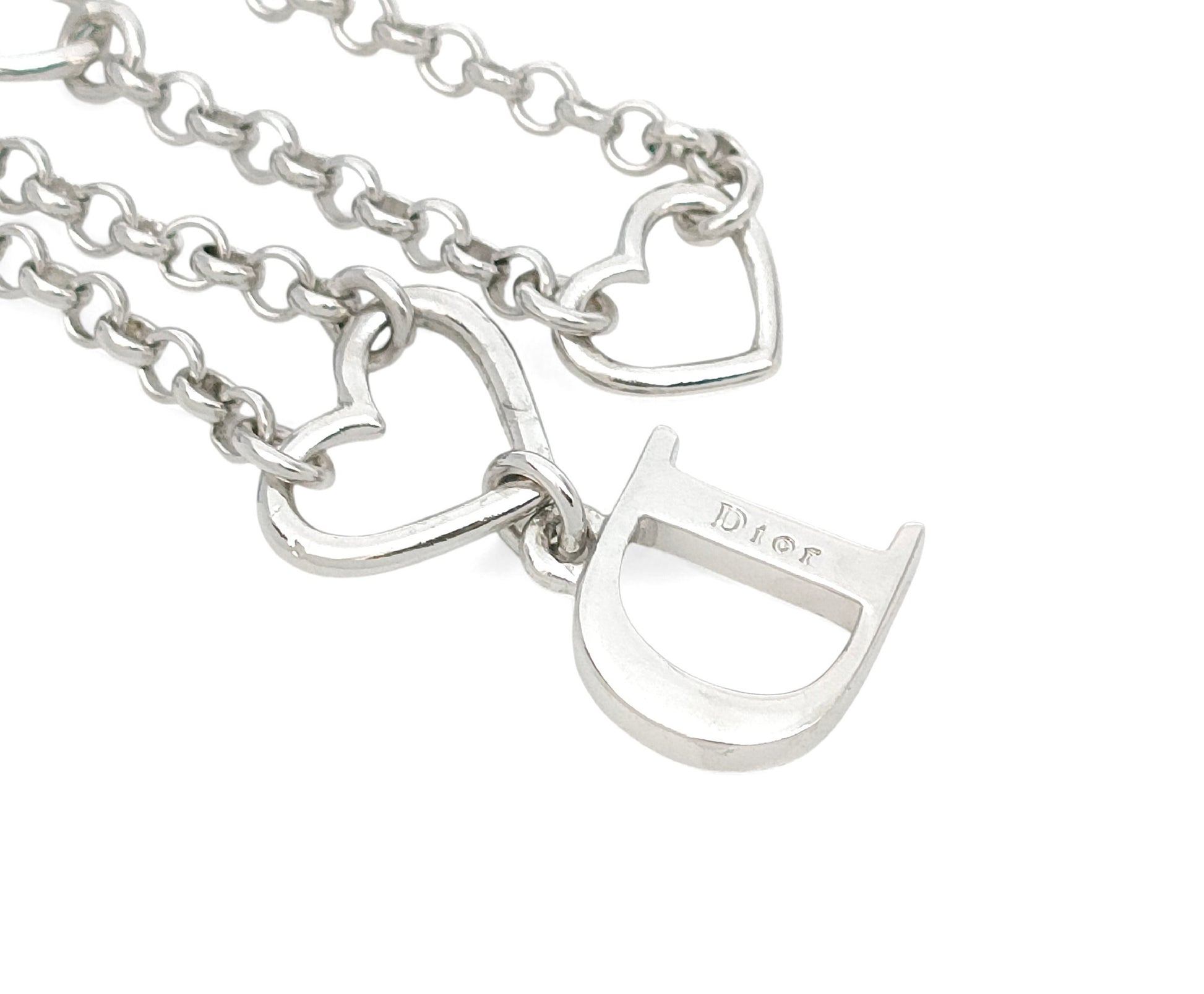 Dior Dior Silver Color Heart & Rhinestones Logo Necklace 6.2g Necklace