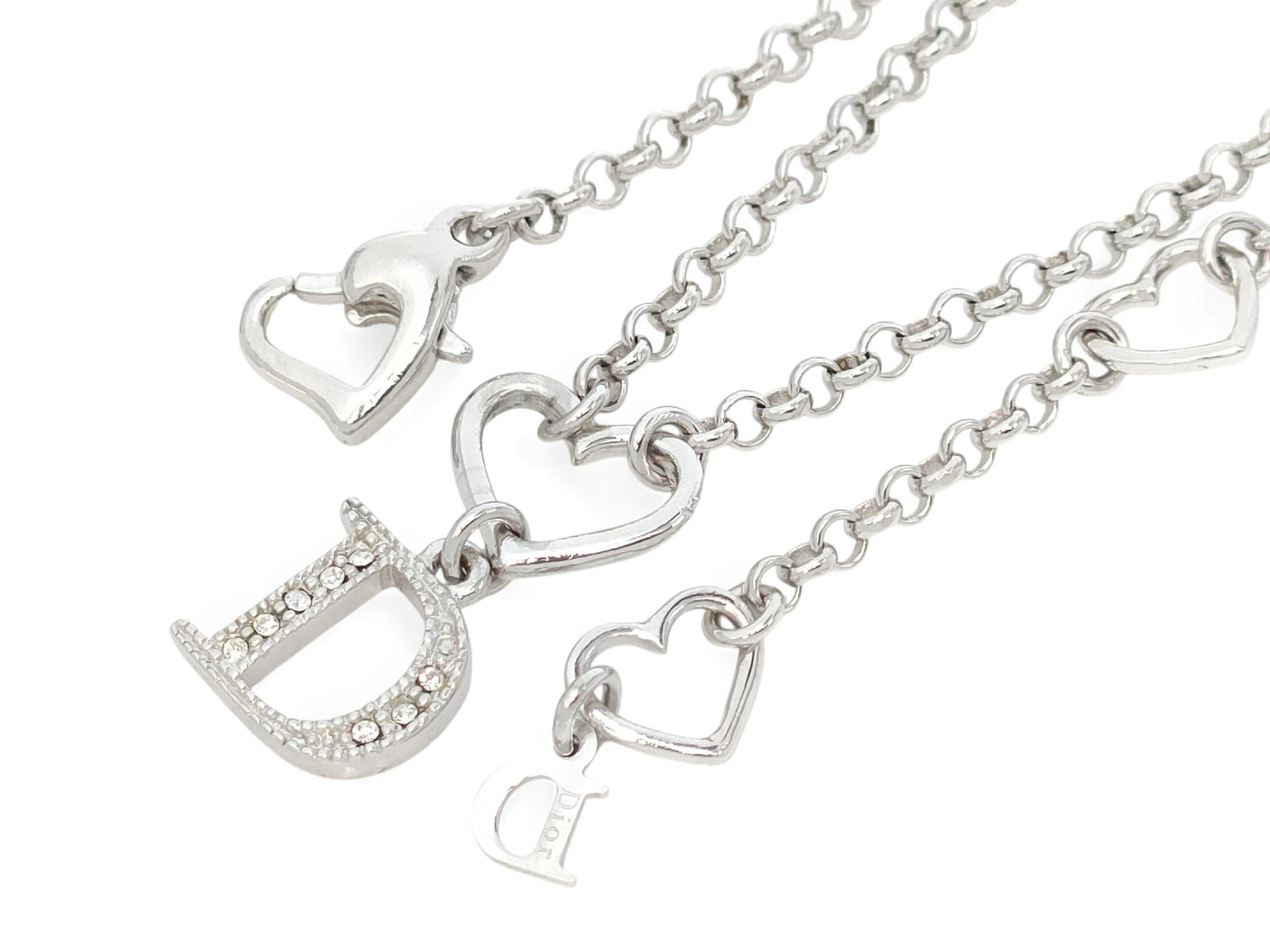 Dior Dior Silver Color Heart & Rhinestones Logo Necklace 6.2g Necklace