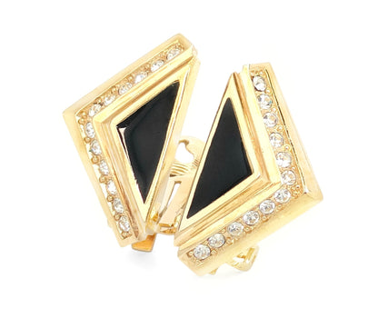 Dior Christian Dior, Gold Color, Rhinestones, Onyx, Triangle Design, Earrings, 10.8g Earrings