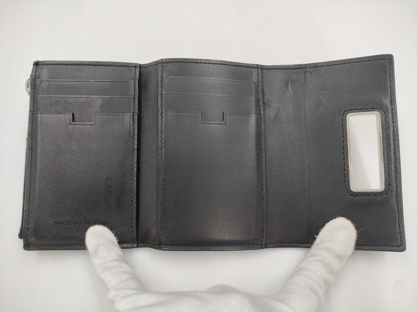 BOTTEGA VENETA Tri-Fold Wallet Goat Skin RFID Tag Black Wallet