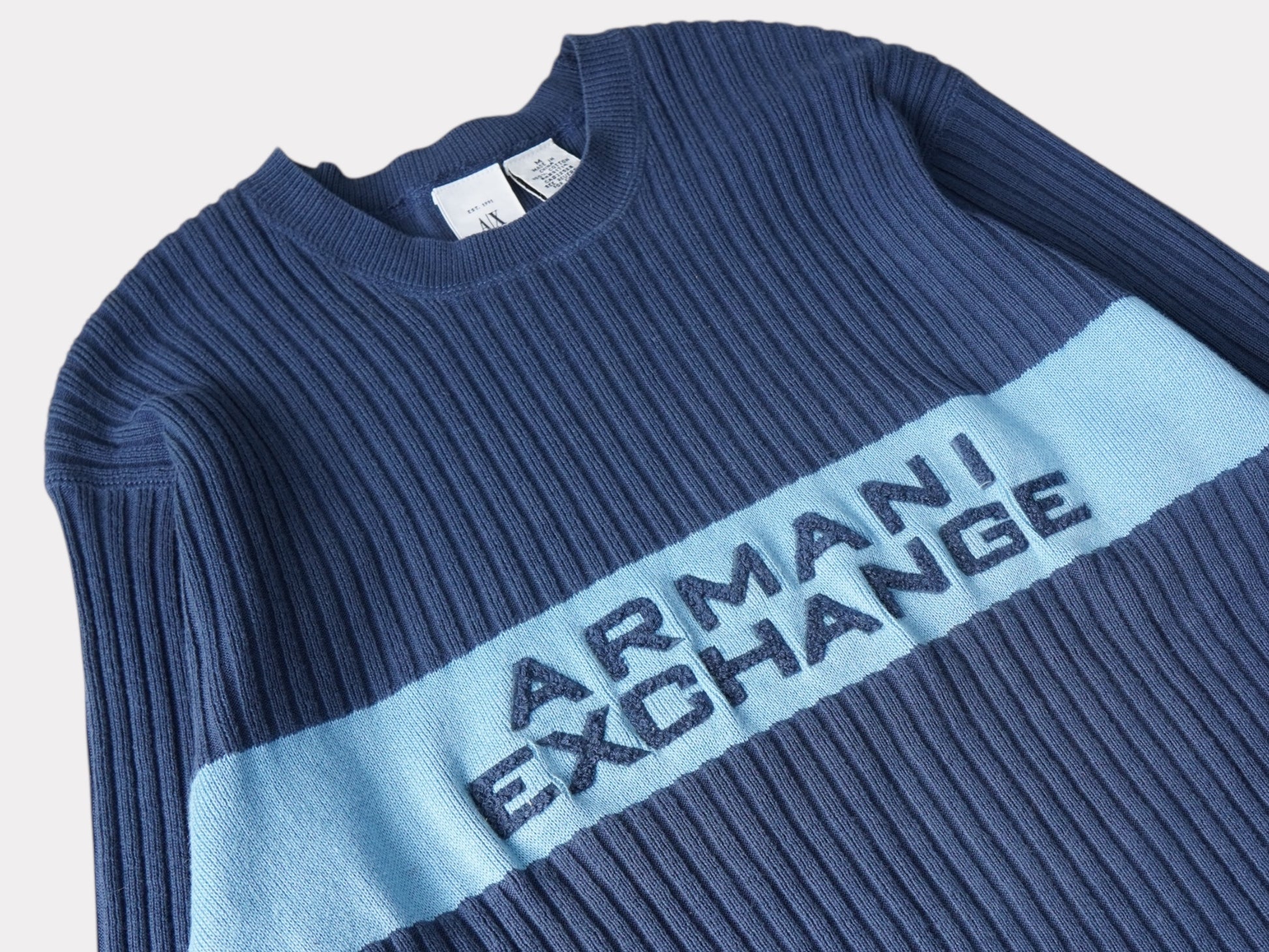 ARMANI EXCHANGE Armani Exchange Rib Knit Sweater Logo Embroidered Blue M Size Men's Tops