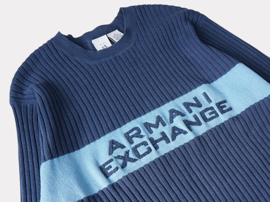 ARMANI EXCHANGE Armani Exchange Rib Knit Sweater Logo Embroidered Blue M Size Men's Tops