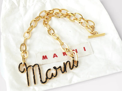 MARNI Logo Chain Necklace Gold with Storage Bag Necklace