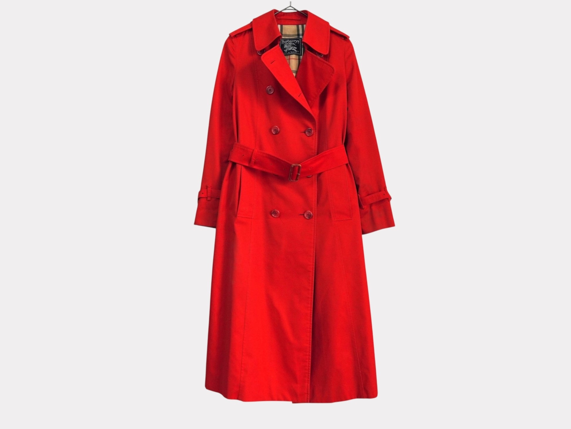 Burberrys 1990s Vintage Trench Coat Nova Check Lined Women's Red Coat