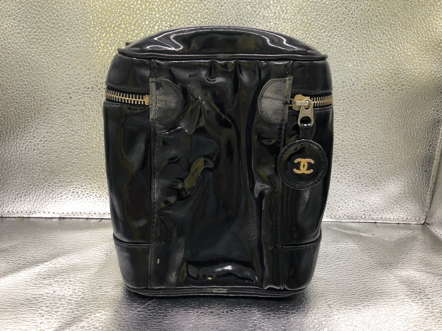 CHANEL Coco Mark Vertical Unclear Seal Guarantee Card with Charm Patent Leather Black Vanity Bag