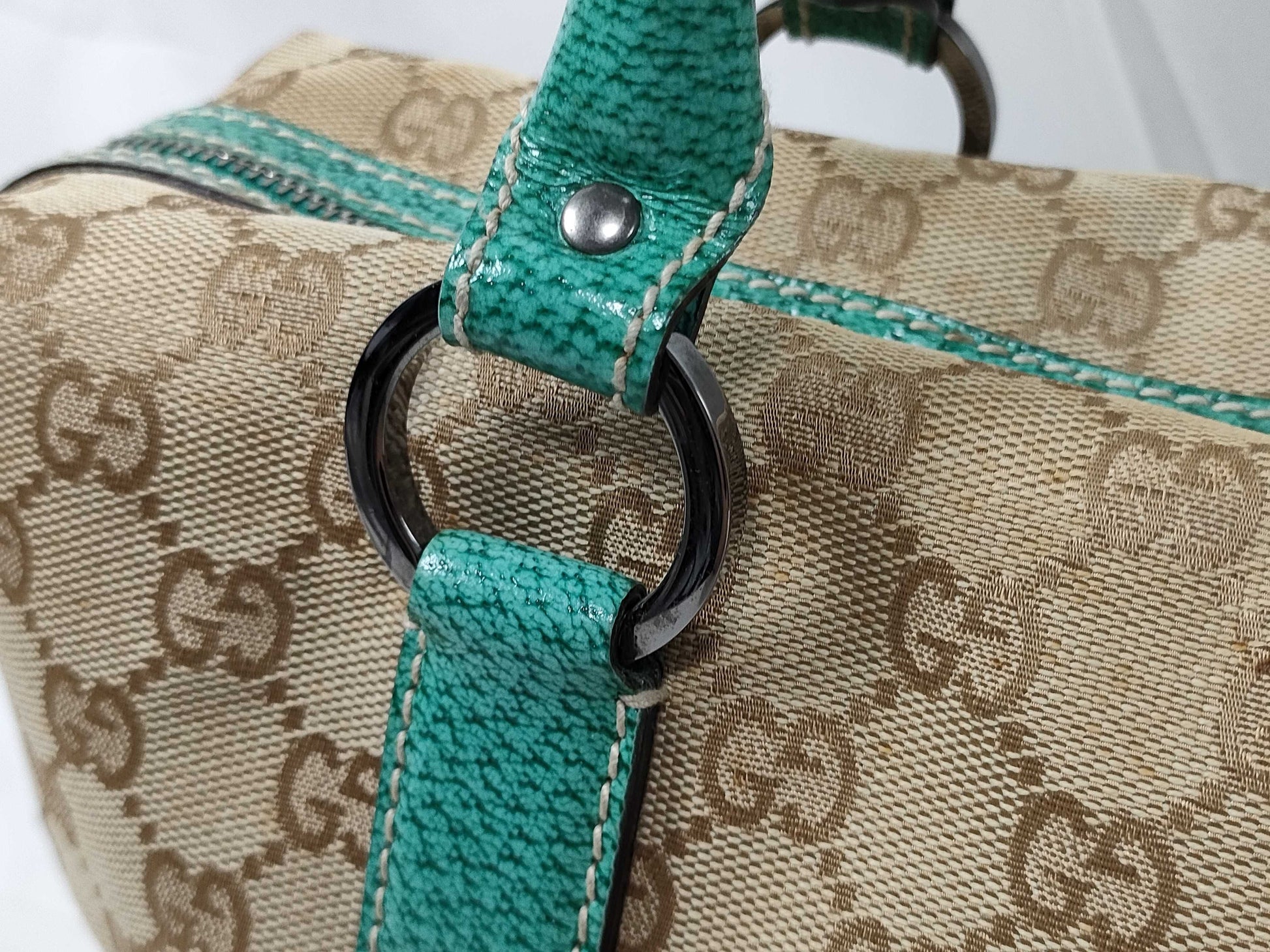 GUCCI Gucci 113009 Handbag GG Canvas Beige Emerald Green Handbag