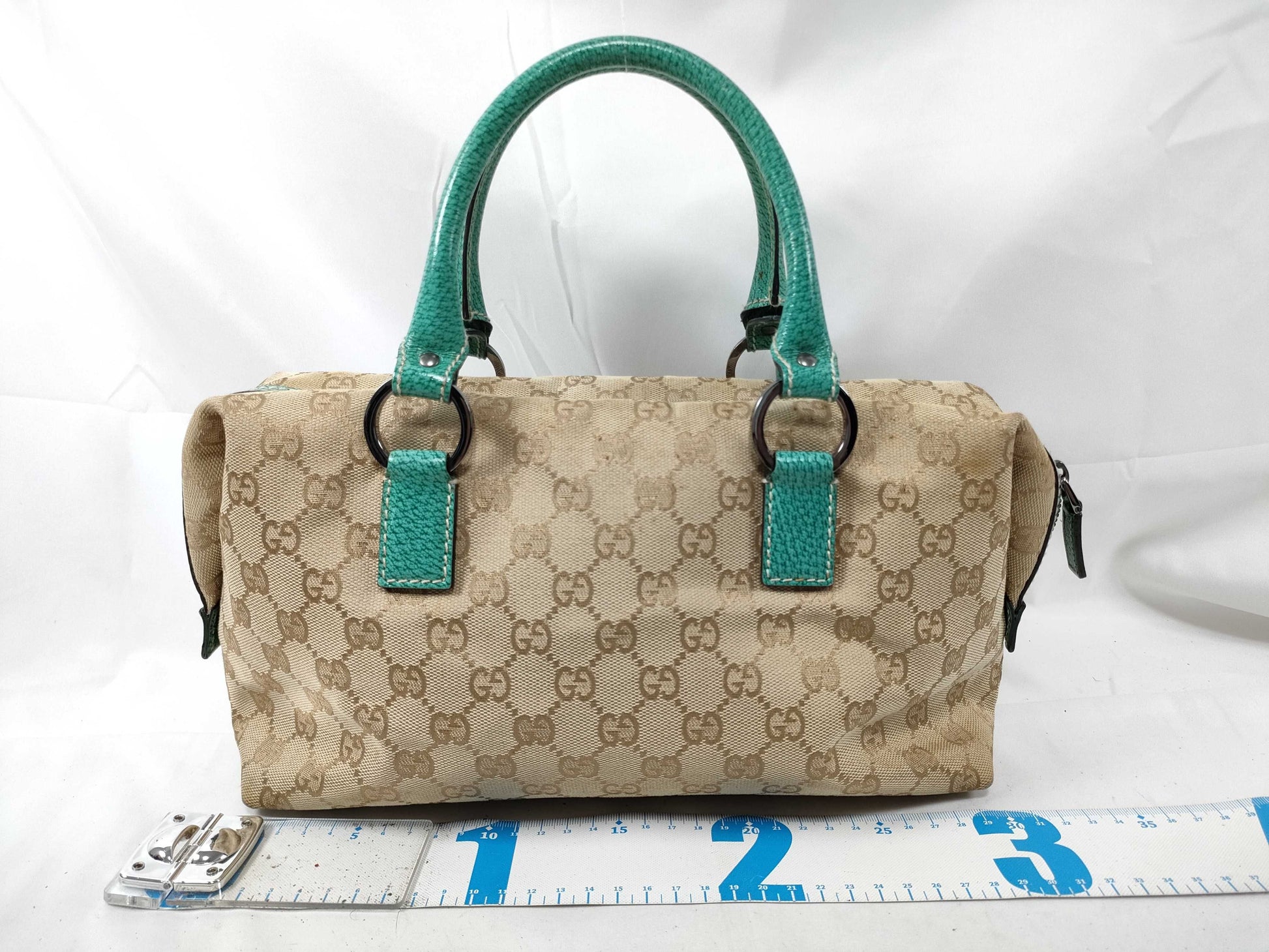 GUCCI Gucci 113009 Handbag GG Canvas Beige Emerald Green Handbag