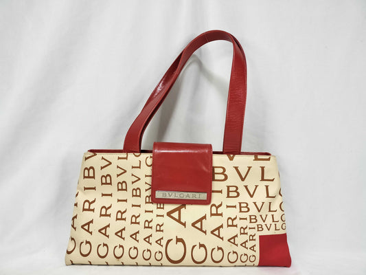 BVLGARI Logomania Bulgari Handbag Logomania Beige Red Handbag