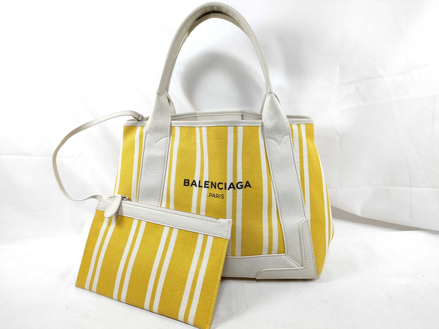 BALENCIAGA 339933 Navy Cabass Handbag Canvas Leather Yellow White Handbag