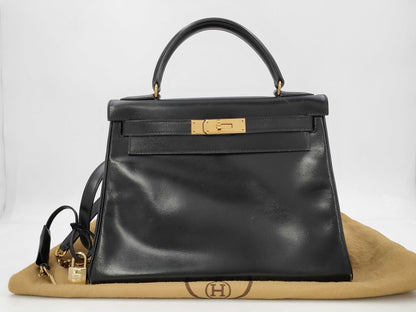 HERMES Kelly 28 Box Calf Black Gold Fittings Inseam 〇T Engraved Handbag