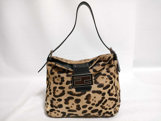FENDI One-Shoulder Shoulder Bag in Brown Harako with Leopard Print