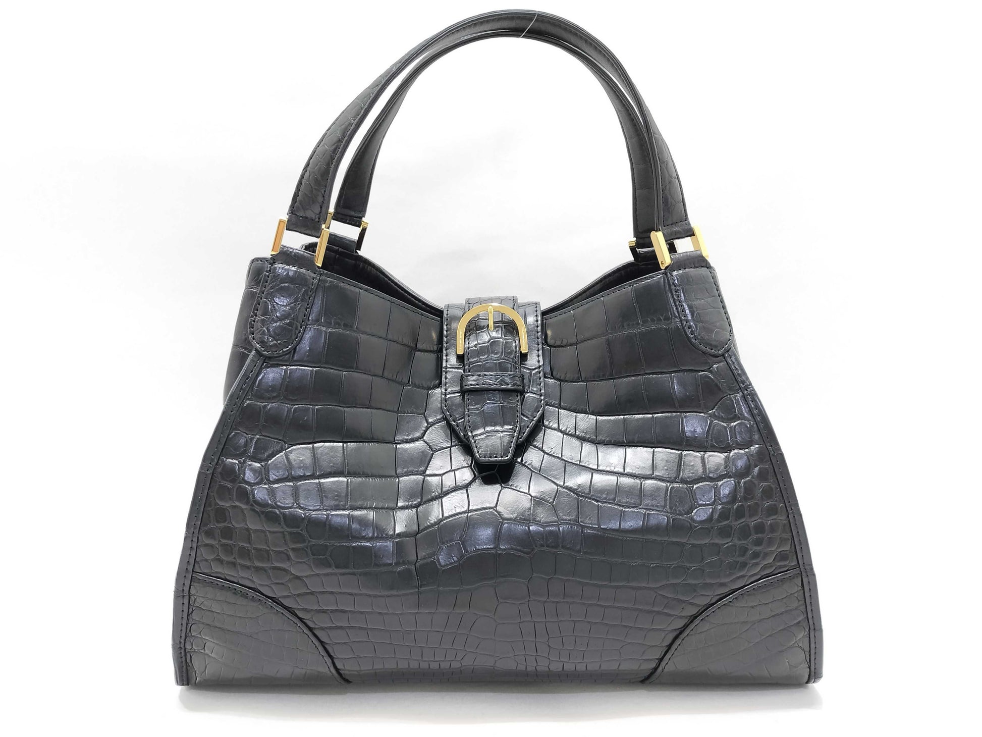 JRA Certified LEATHER JEWELS Crystal Reptiles Leather Jewels Crocodile Tote Bag Black Model T Tote Bag