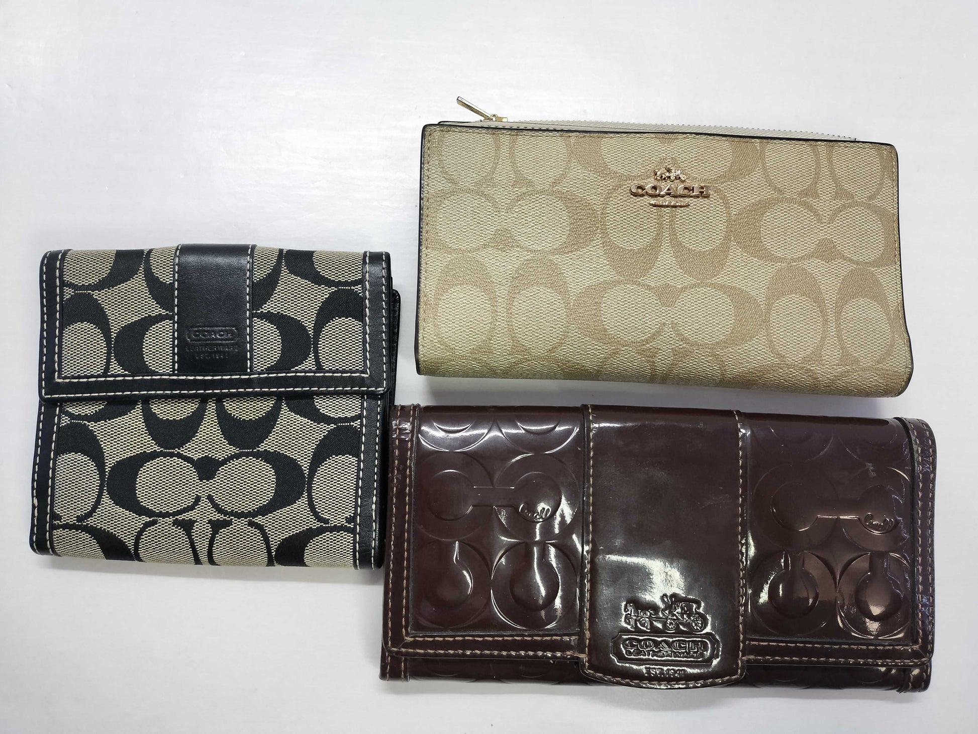 COACH Signature/Beige Enamel Long Wallet/Black Bifold Wallet 3-Piece Set