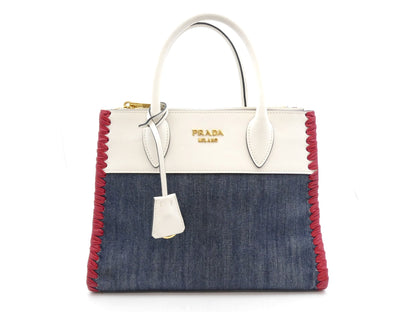 PRADA Logo Denim Leather Handbag