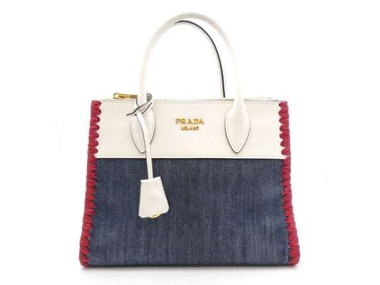 PRADA Logo Denim Leather Handbag