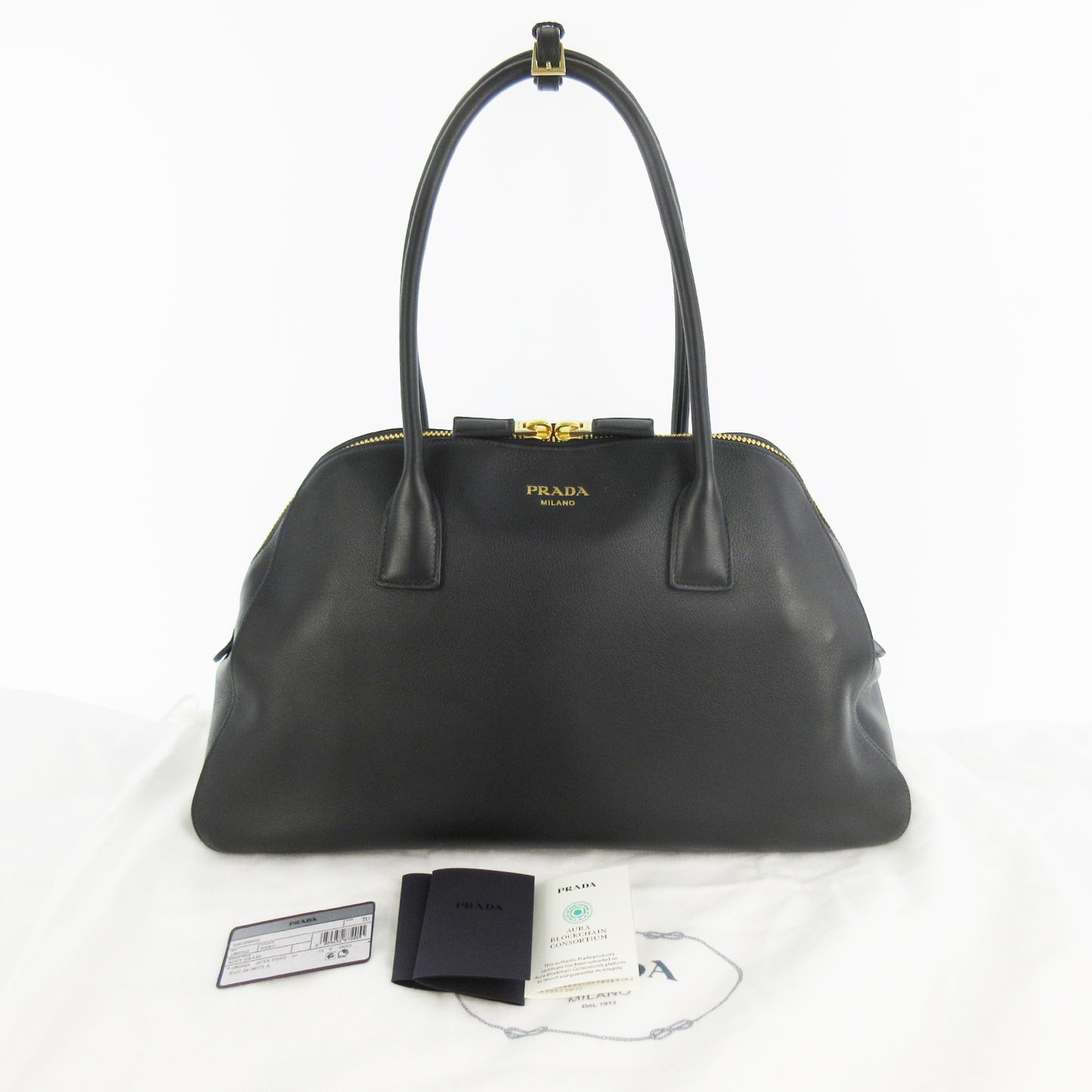 PRADA Soft Grain Leather Tote Bag 1BG522_2CYS_F0002_V_OOO Black Black Gold Fittings RFID Tag Tote Bag