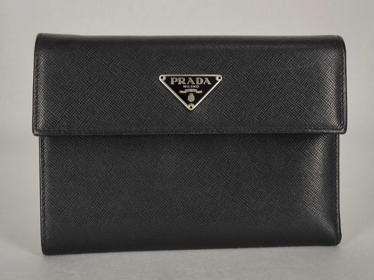 PRADA Wallet Tri-Fold Triangle Logo Leather Black Wallet