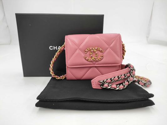 CHANEL Chain Bag 19 Pink Coin Case Shoulder Bag