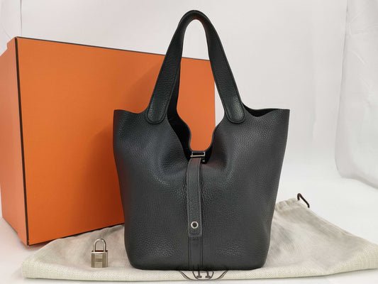 HERMES Picotan 22MM Black Trojan Clemence C-Engraved Handbag