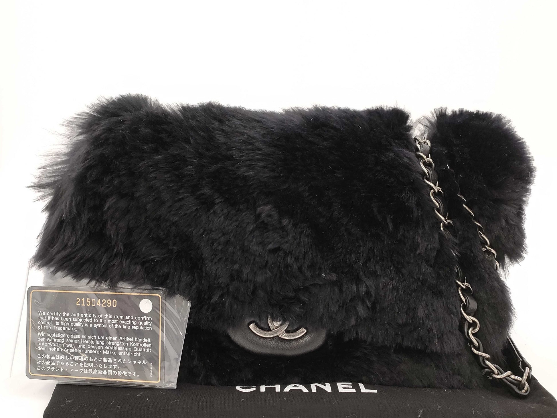 CHANEL Black Lamb Skin Fur Single Flap Shoulder Bag 21st Shoulder Bag