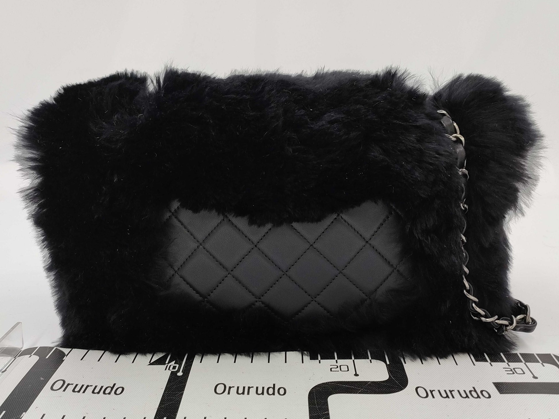 CHANEL Black Lamb Skin Fur Single Flap Shoulder Bag 21st Shoulder Bag