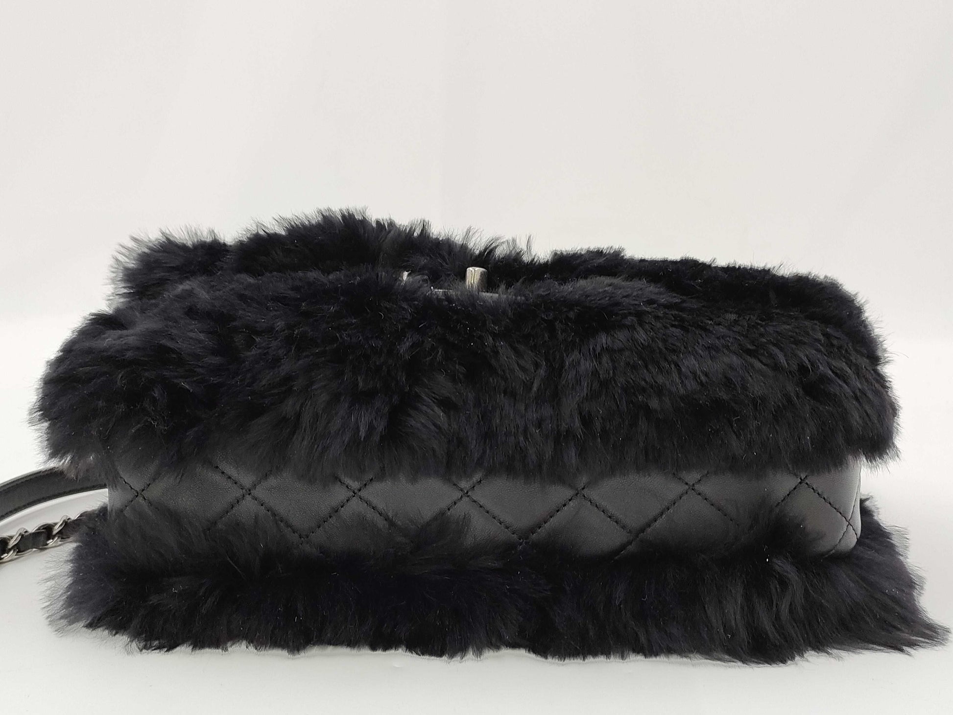 CHANEL Black Lamb Skin Fur Single Flap Shoulder Bag 21st Shoulder Bag