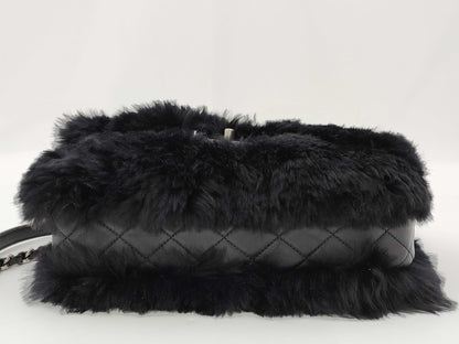 CHANEL Black Lamb Skin Fur Single Flap Shoulder Bag 21st Shoulder Bag