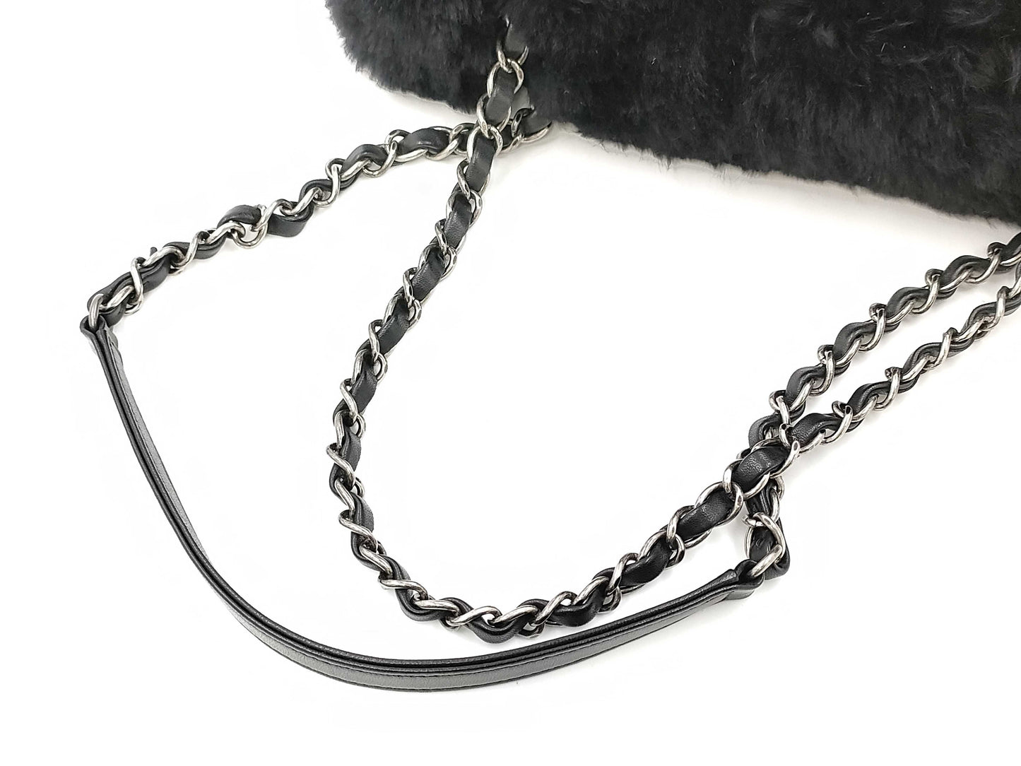 CHANEL Black Lamb Skin Fur Single Flap Shoulder Bag 21st Shoulder Bag