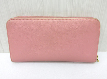 PRADA Prada Saffiano Leather Triangle Plate Pink Round Long Wallet Wallet