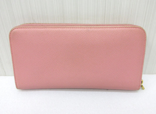 PRADA Prada Saffiano Leather Triangle Plate Pink Round Long Wallet Wallet