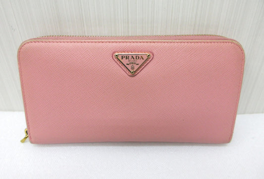 PRADA Prada Saffiano Leather Triangle Plate Pink Round Long Wallet Wallet