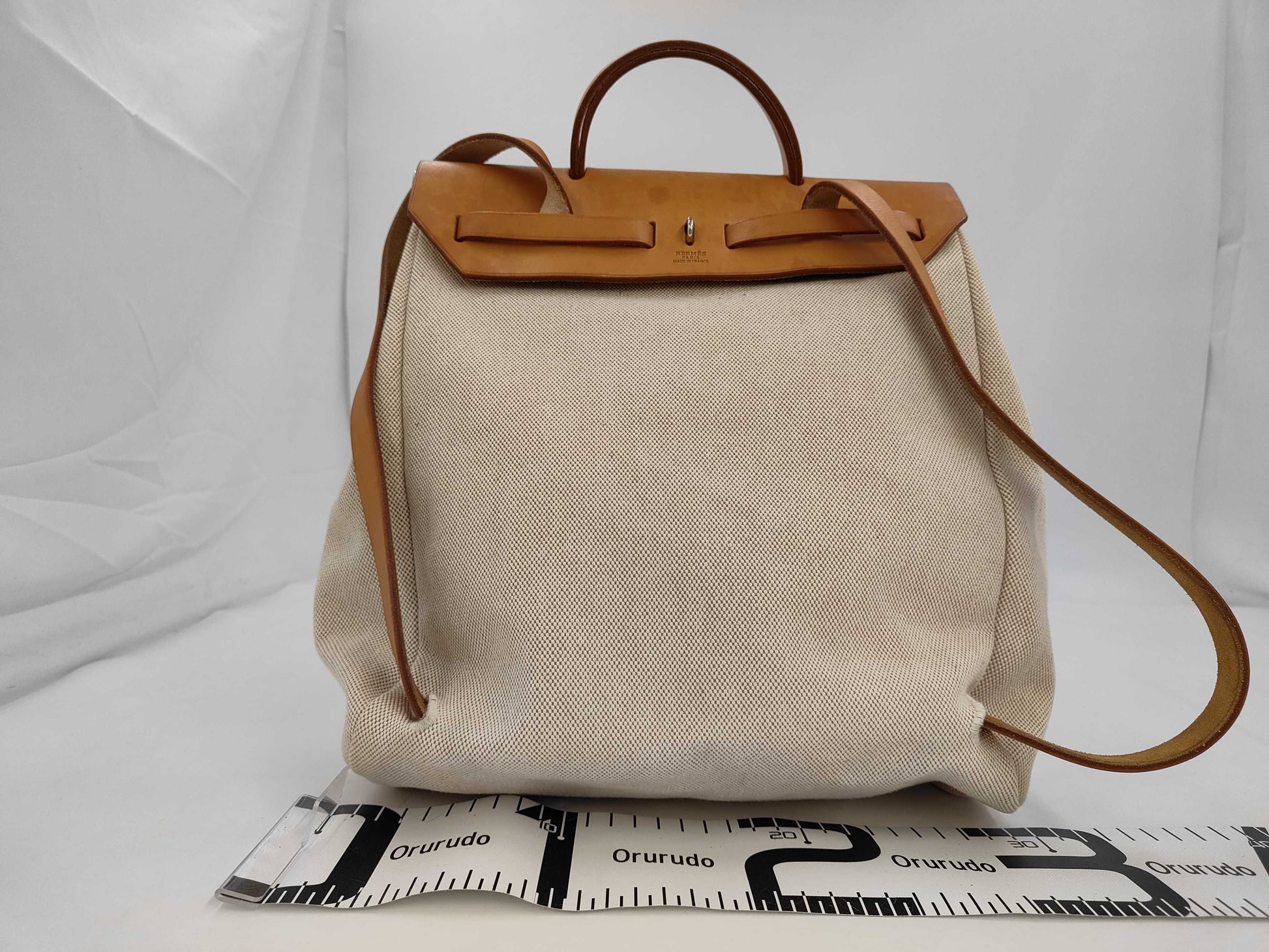 HERMES Ale Bag Ad PM Toile Ash/Leather Ivory/Brown □G Engraved Rucksack with Spare Bag