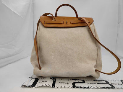 HERMES Ale Bag Ad PM Toile Ash/Leather Ivory/Brown □G Engraved Rucksack with Spare Bag