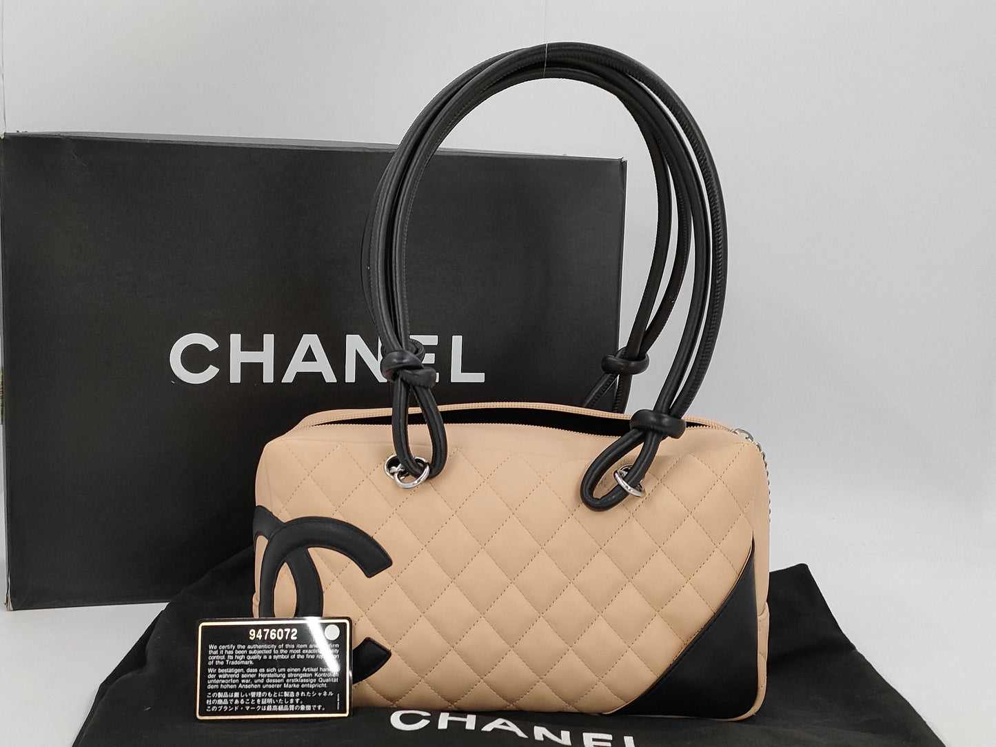 CHANEL Cambon Line Bowling Bag Beige Black 9th Shoulder Bag