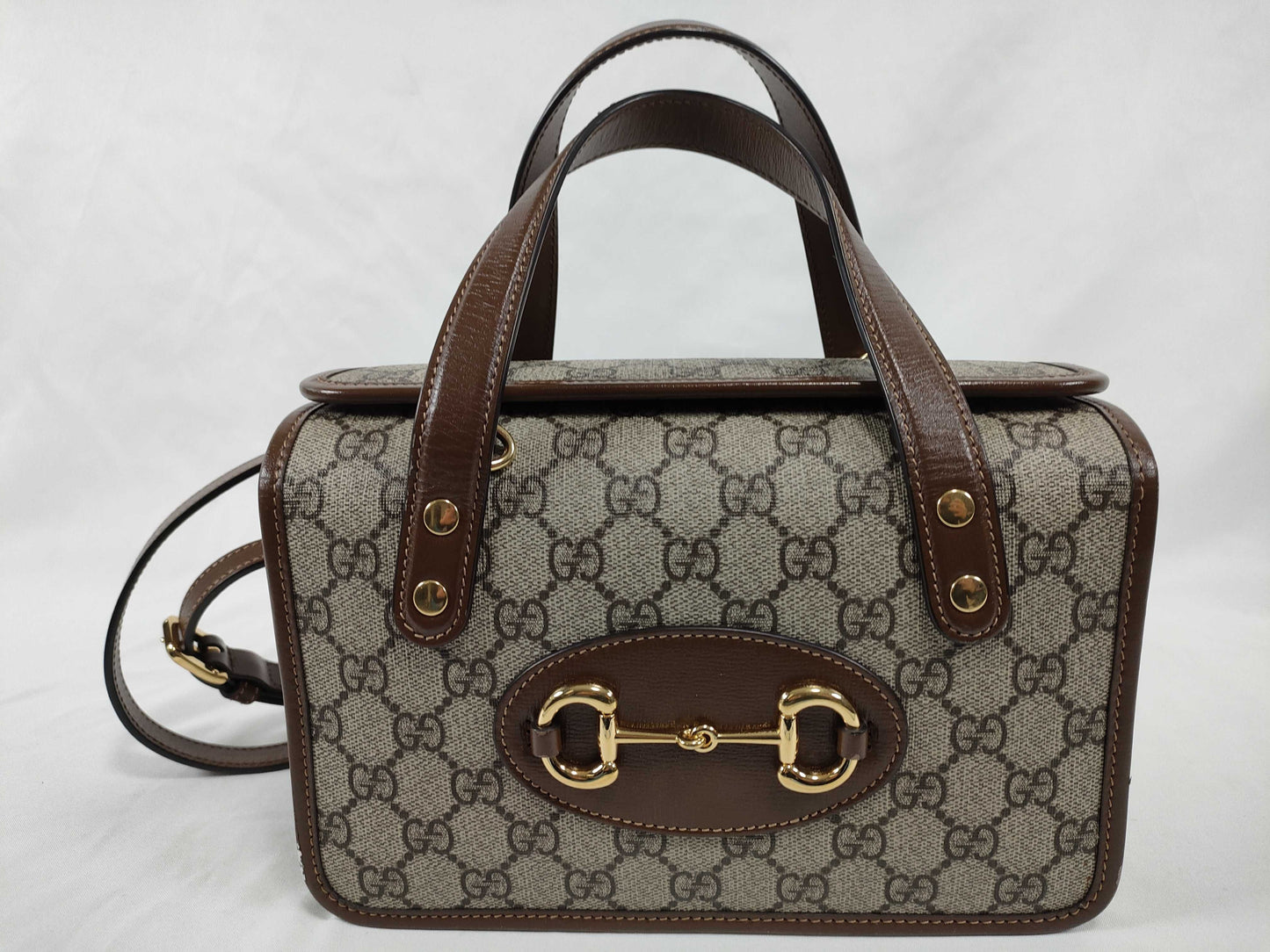 GUCCI GG GUCCI Horsebit 1955 Handbag 645453 Beige x Dark Brown x Brown GG Supreme Canvas x Leather Topouch